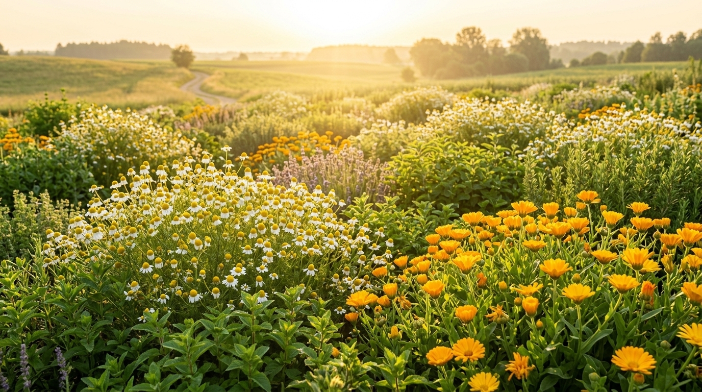 White chamomile flowers field