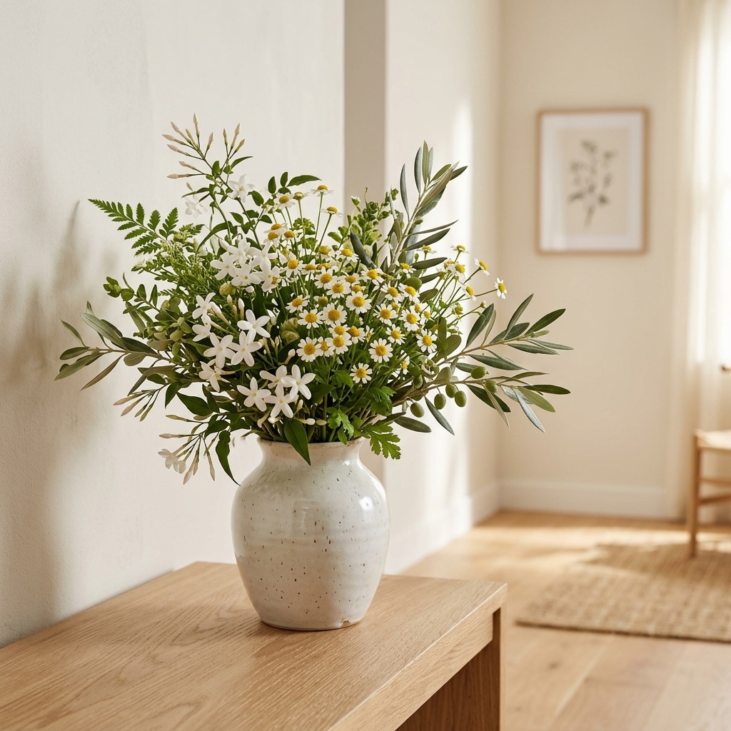 White botanical blossoms in ceramic vase