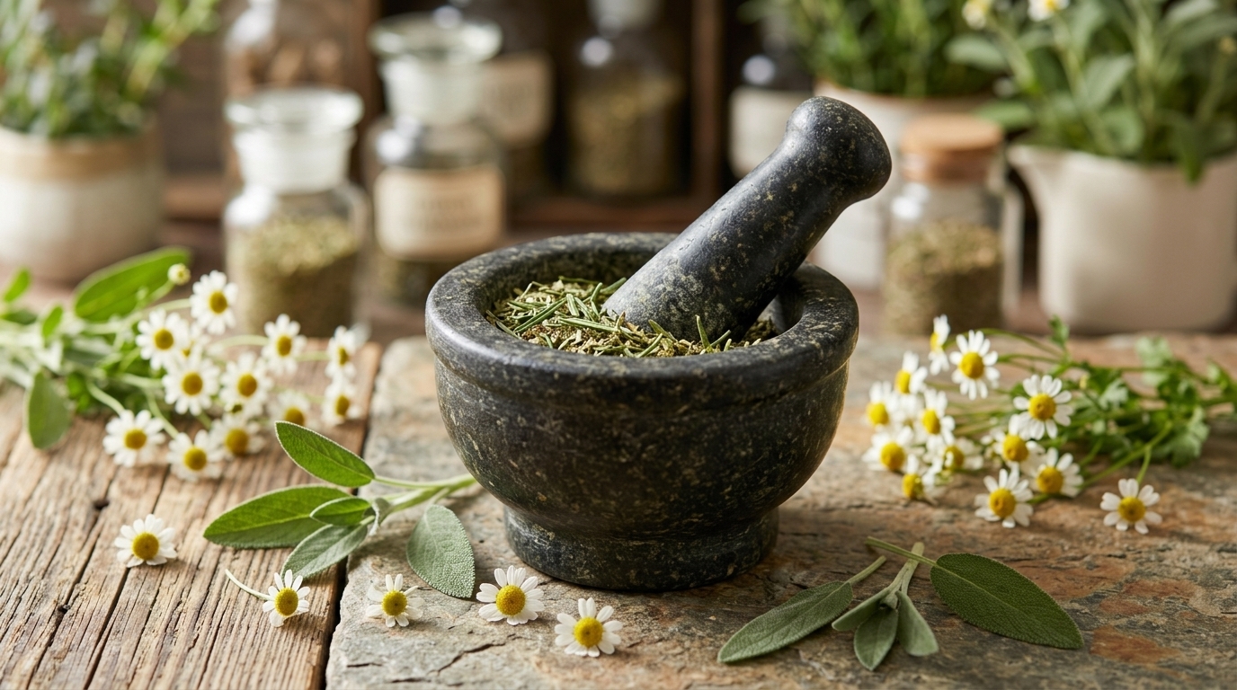 Herbal mortar, pestle and fresh botanical herbs